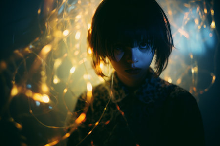 a young girl with dark hair and dark eyes is surrounded by lightsの素材