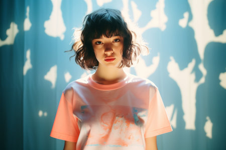 a young woman in a pink t - shirt standing in front of a wall of shadowsの素材