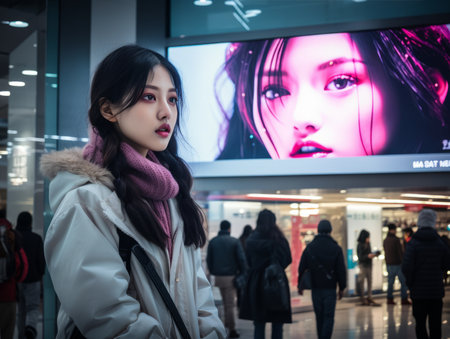 a young woman standing in front of a large screenの素材