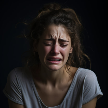 a young woman is crying in front of a dark backgroundの素材