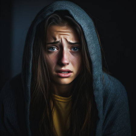 a young woman in a hoodie with a sad look on her faceの素材