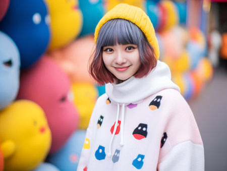 a young woman wearing a colorful sweater and hat in front of a wall of stuffed animalsの素材