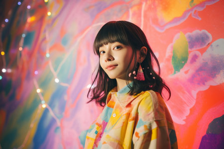 a young woman wearing a colorful shirt standing in front of a colorful wallの素材