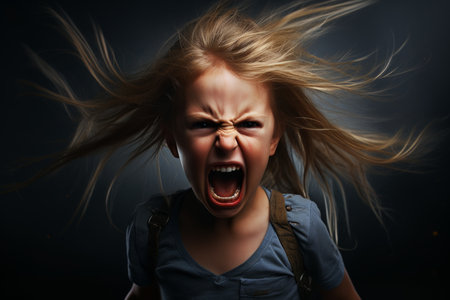 an angry little girl with her hair blowing in the windの素材