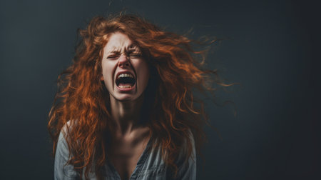 an angry red haired woman with her mouth openの素材