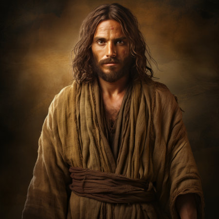 jesus in a brown robe standing in front of a dark backgroundの素材