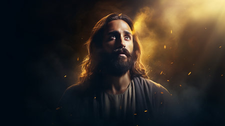jesus in a dark background with smoke coming out of his mouthの素材