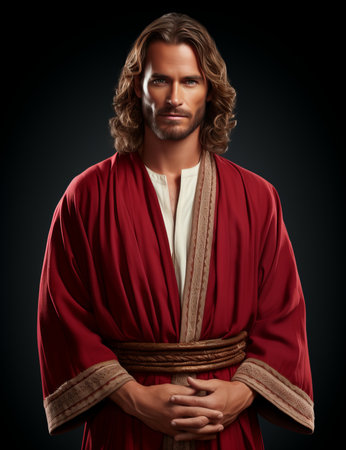 jesus in a red robe standing with his arms crossedの素材