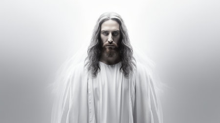 jesus in a white robe standing in front of a gray backgroundの素材