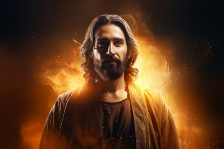 jesus in flames with smoke coming out of his mouthの素材