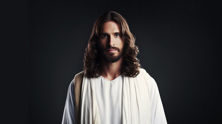 jesus in a white shirt and robe standing in front of a black backgroundの素材