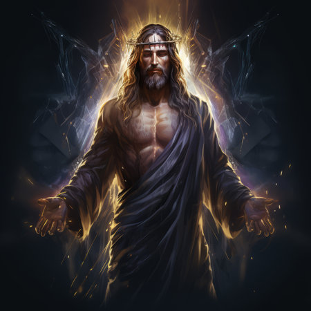 jesus in the dark with his arms outstretchedの素材