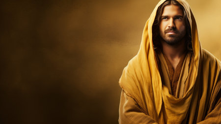 jesus is dressed in a yellow robe and is standing in front of a brown backgroundの素材