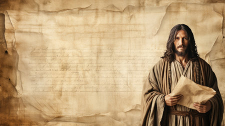 jesus is holding a piece of paper in his hand and he is standing in front of an old parchment backgroundの素材