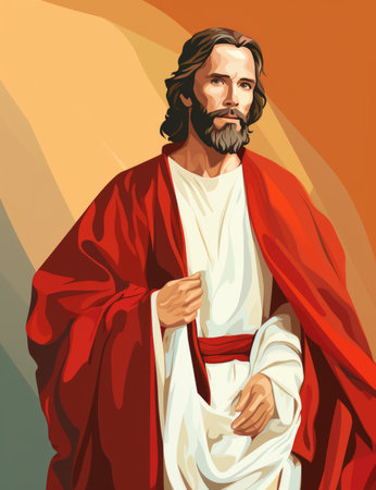 jesus is dressed in a red robe and white beardの素材