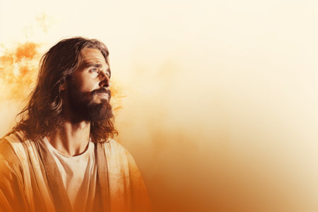 jesus is looking to the side with an orange backgroundの素材