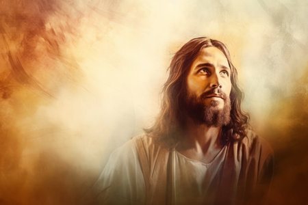 jesus is looking up to the sky in this paintingの素材