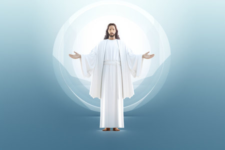 jesus is standing in front of a blue backgroundの素材