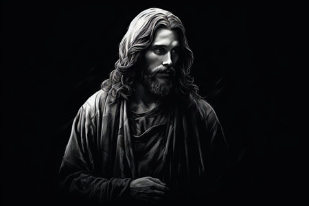 jesus is standing in front of a black backgroundの素材