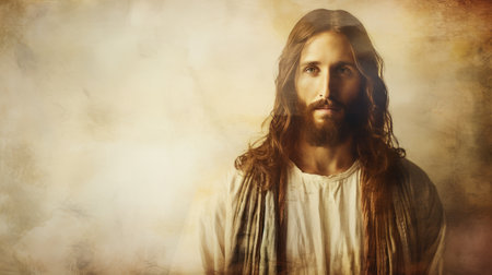 jesus is standing in front of a brown backgroundの素材