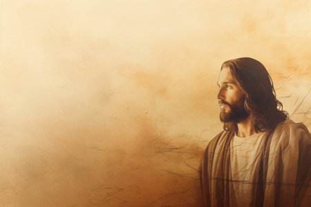 jesus is standing in front of a brown backgroundの素材