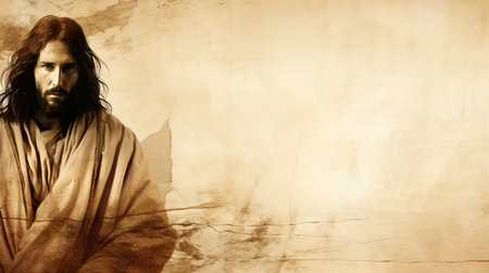 jesus is standing in front of a brown backgroundの素材