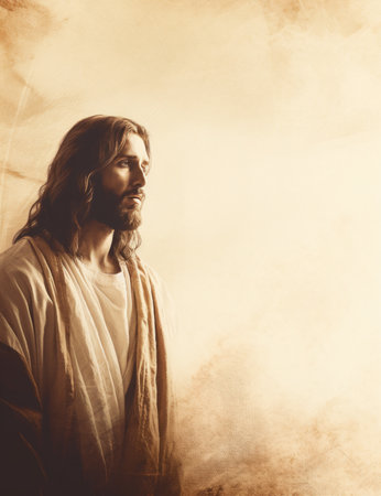jesus is standing in front of a brown backgroundの素材