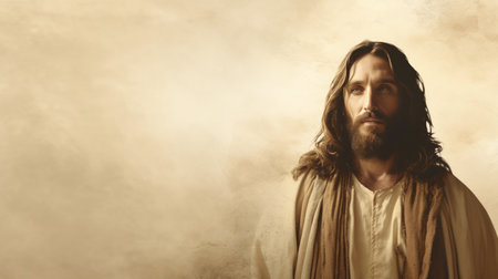 jesus is standing in front of a brown backgroundの素材