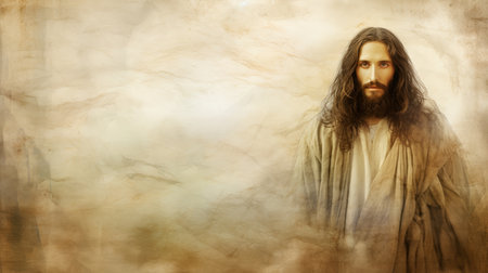 jesus is standing in front of a brown backgroundの素材