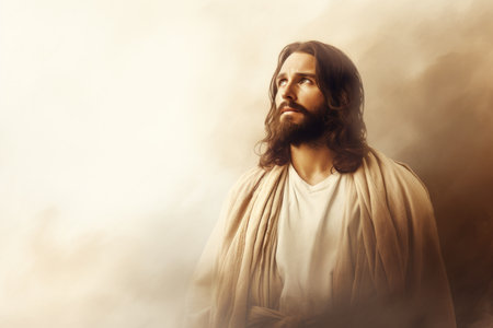 jesus is standing in front of a cloud backgroundの素材