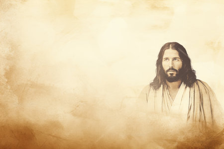 jesus is standing in front of a brown backgroundの素材