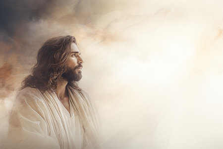 jesus is standing in front of a cloudの素材