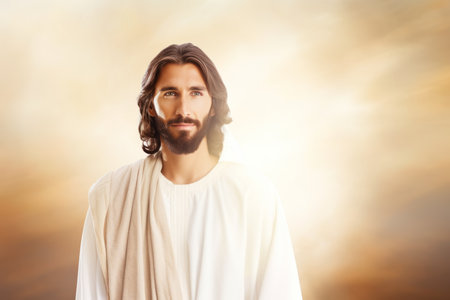 jesus is standing in front of a cloudy backgroundの素材