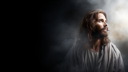 jesus is standing in front of a dark backgroundの素材