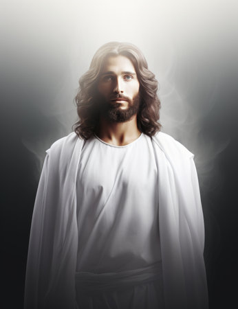 jesus is standing in front of a dark backgroundの素材