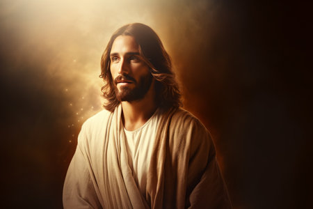 jesus is standing in front of a dark backgroundの素材