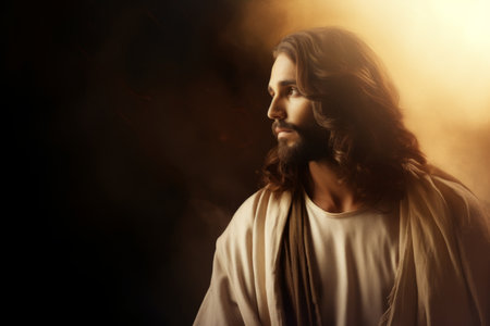 jesus is standing in front of a dark backgroundの素材
