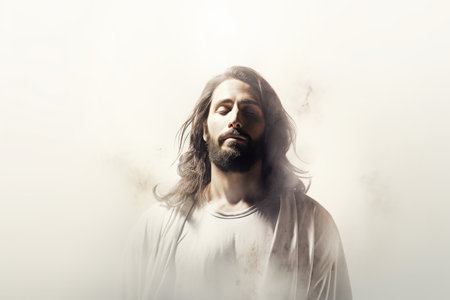 jesus is standing in front of a foggy backgroundの素材
