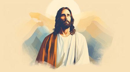 jesus is standing in front of a mountain with the sun in the backgroundの素材