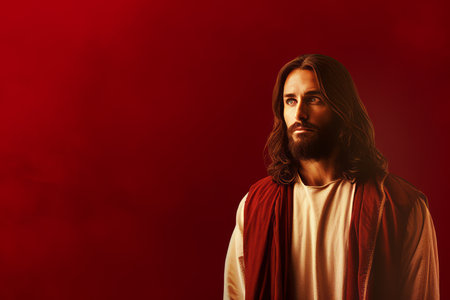 jesus is standing in front of a red backgroundの素材