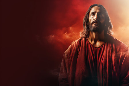 jesus is standing in front of a red backgroundの素材