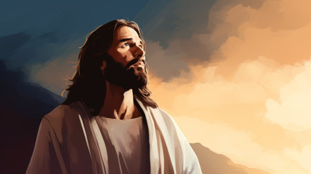 jesus is standing in front of a sunset with clouds in the backgroundの素材