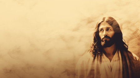 jesus is standing in front of a smokey backgroundの素材