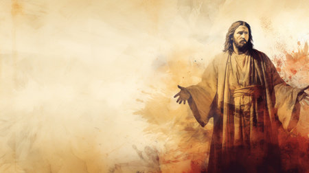 jesus is standing in front of an orange and brown backgroundの素材