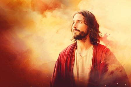 jesus is standing in front of an orange and red backgroundの素材