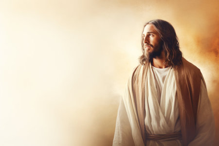 jesus is standing in front of an orange backgroundの素材