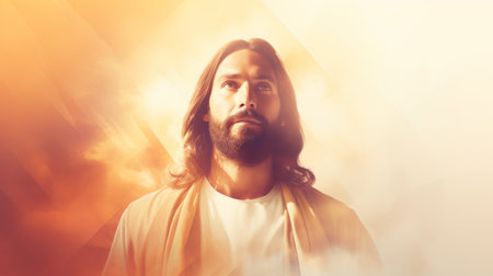 jesus is standing in front of an orange backgroundの素材