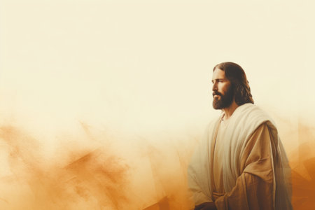 jesus is standing in front of an orange backgroundの素材