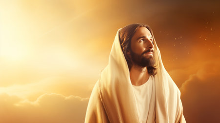 jesus is standing in front of the clouds with the sun in the backgroundの素材