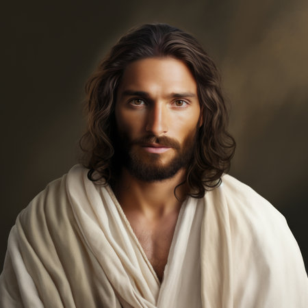 jesus is wearing a white robe and has long hairの素材